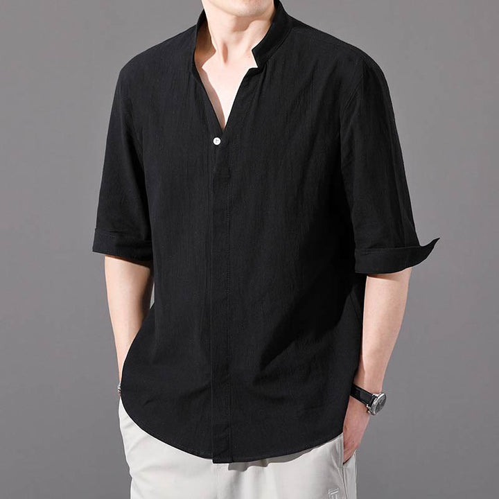 Chemise d'été en coton à manches mi-longues et boutons Buddha Stones pour hommes - Noir - US/UK/AU48，EU58 (6XL)  - image 9