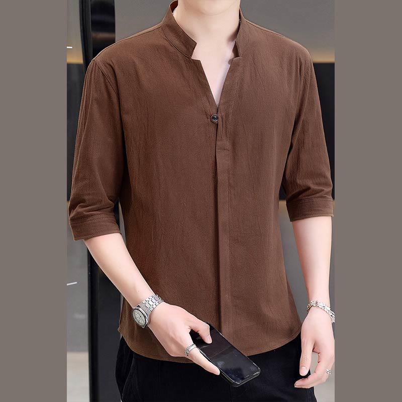 Chemise d'été en coton à manches mi-longues et boutons Buddha Stones pour hommes