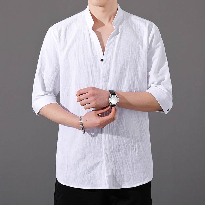 Chemise d'été en coton à manches mi-longues et boutons Buddha Stones pour hommes - Blanc - US/UK/AU48，EU58 (6XL)  - image 4
