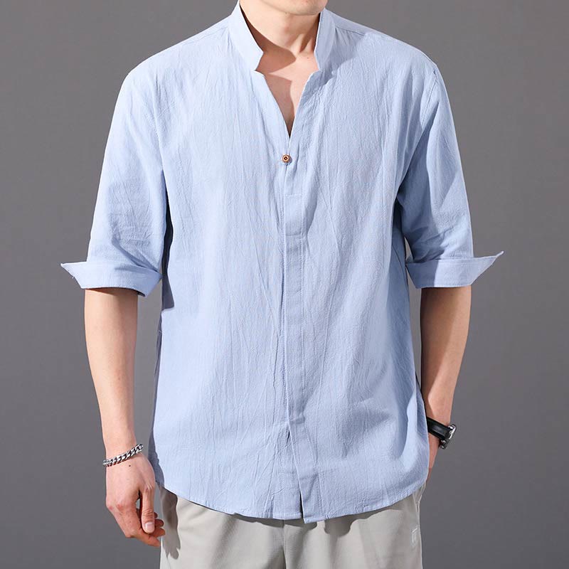 Chemise d'été en coton à manches mi-longues et boutons Buddha Stones pour hommes - Bleu clair - US/UK/AU48，EU58 (6XL)  - image 0