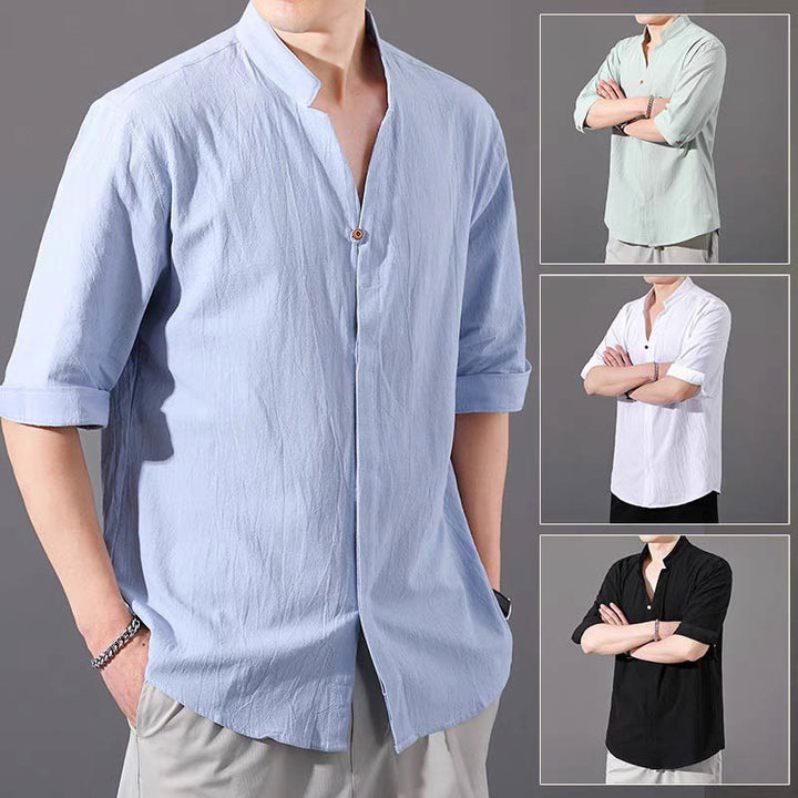 Chemise d'été en coton à manches mi-longues et boutons Buddha Stones pour hommes