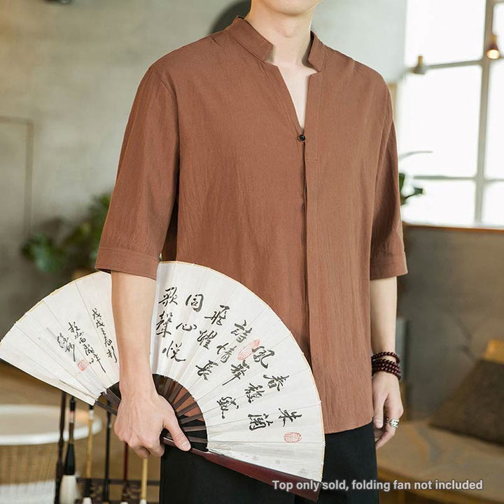 Chemise d'été en coton à manches mi-longues et boutons Buddha Stones pour hommes