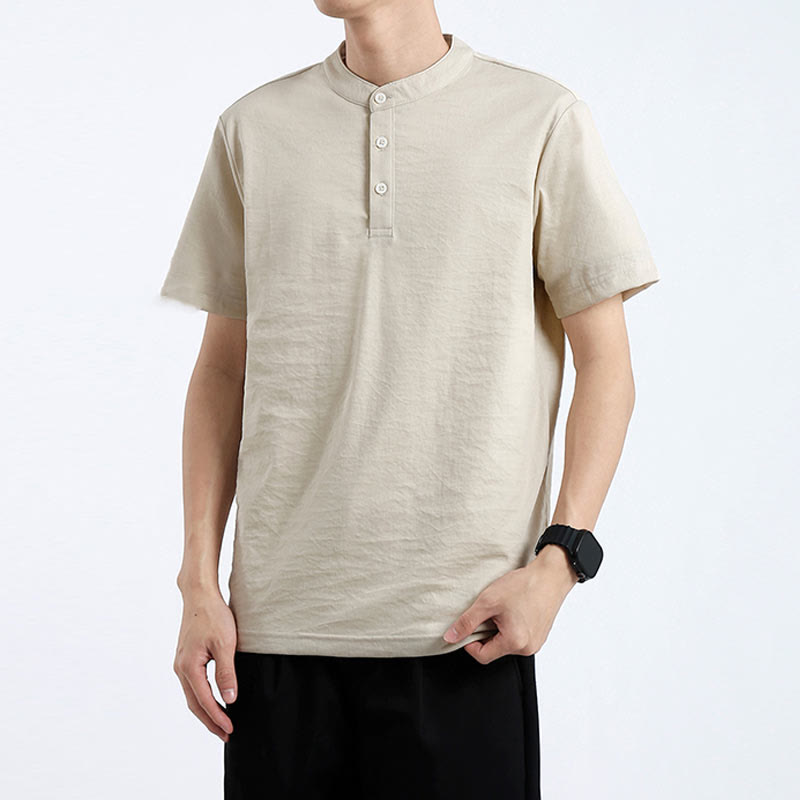Chemise d'été à manches courtes et demi-boutonnée Buddha Stones en coton et lin pour homme
