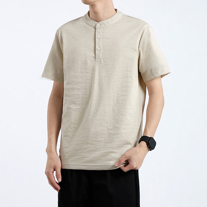 Chemise d'été à manches courtes et demi-boutonnée Buddha Stones en coton et lin pour homme