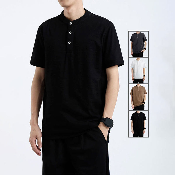 Chemise d'été à manches courtes et demi-boutonnée Buddha Stones en coton et lin pour homme