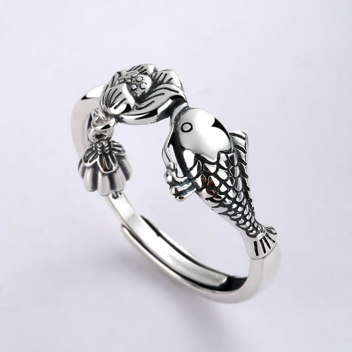 Bague de réussite en argent sterling 925 avec motif de poisson koï et fleur de lotus et pierres de Buddha Stones