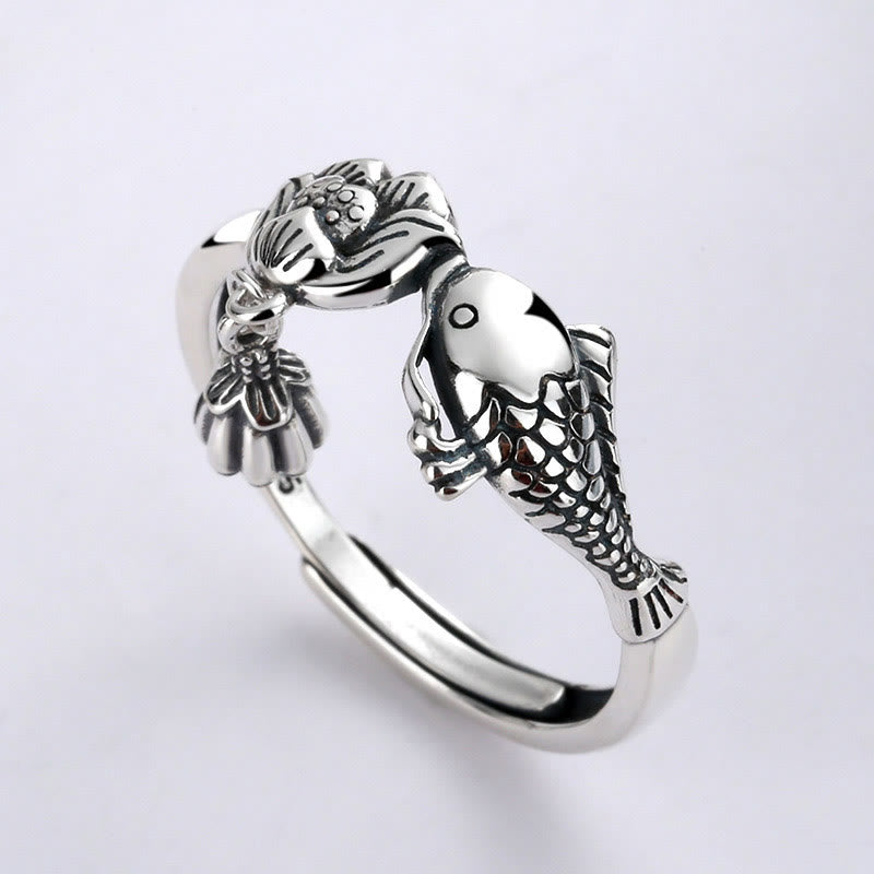 Bague de réussite en argent sterling 925 avec motif de poisson koï et fleur de lotus et pierres de Buddha Stones - Lotus Koi Poisson (Réglable) - image 0