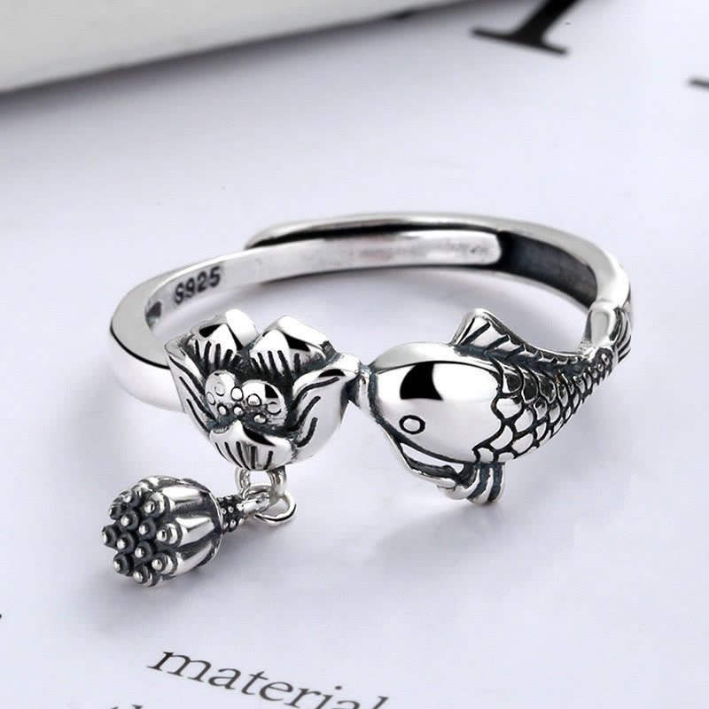 Bague de réussite en argent sterling 925 avec motif de poisson koï et fleur de lotus et pierres de Buddha Stones