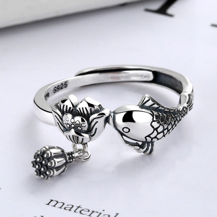 Bague de réussite en argent sterling 925 avec motif de poisson koï et fleur de lotus et pierres de Buddha Stones