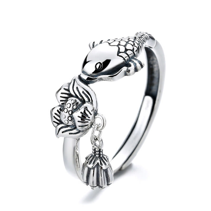 Bague de réussite en argent sterling 925 avec motif de poisson koï et fleur de lotus et pierres de Buddha Stones