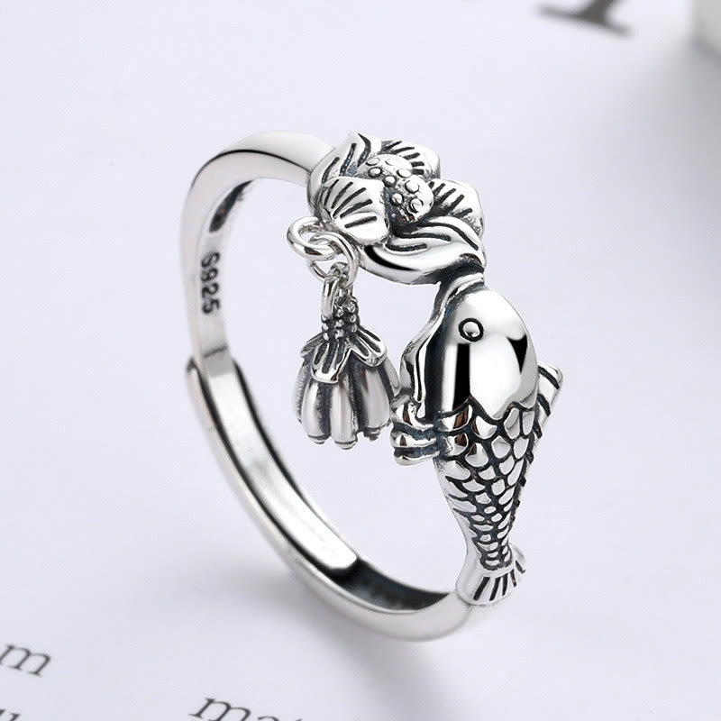 Bague de réussite en argent sterling 925 avec motif de poisson koï et fleur de lotus et pierres de Buddha Stones
