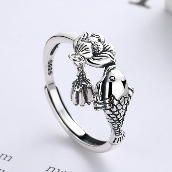 Bague de réussite en argent sterling 925 avec motif de poisson koï et fleur de lotus et pierres de Buddha Stones