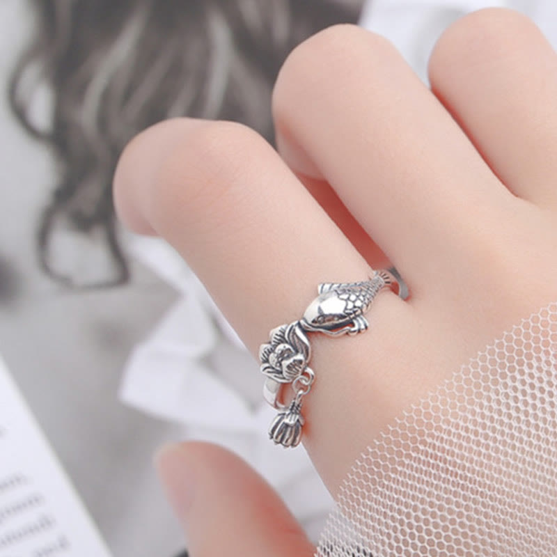 Bague de réussite en argent sterling 925 avec motif de poisson koï et fleur de lotus et pierres de Buddha Stones