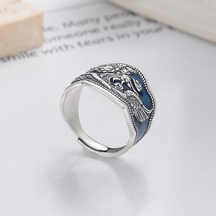 Bague ajustable en argent sterling 925 Buddha Stones et fleurs de pivoine phénix sculptées