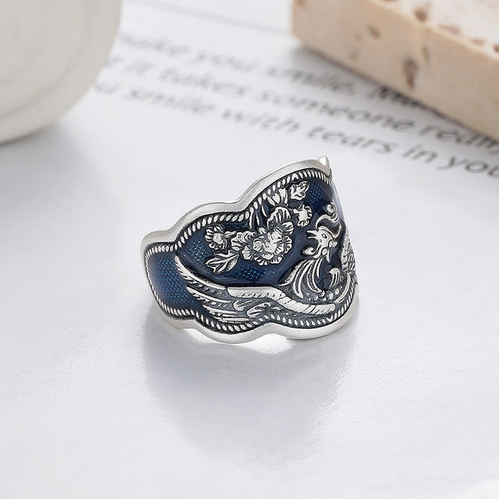 Bague ajustable en argent sterling 925 Buddha Stones et fleurs de pivoine phénix sculptées