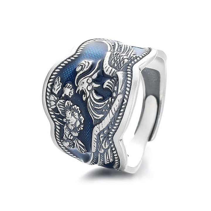 Bague ajustable en argent sterling 925 Buddha Stones et fleurs de pivoine phénix sculptées