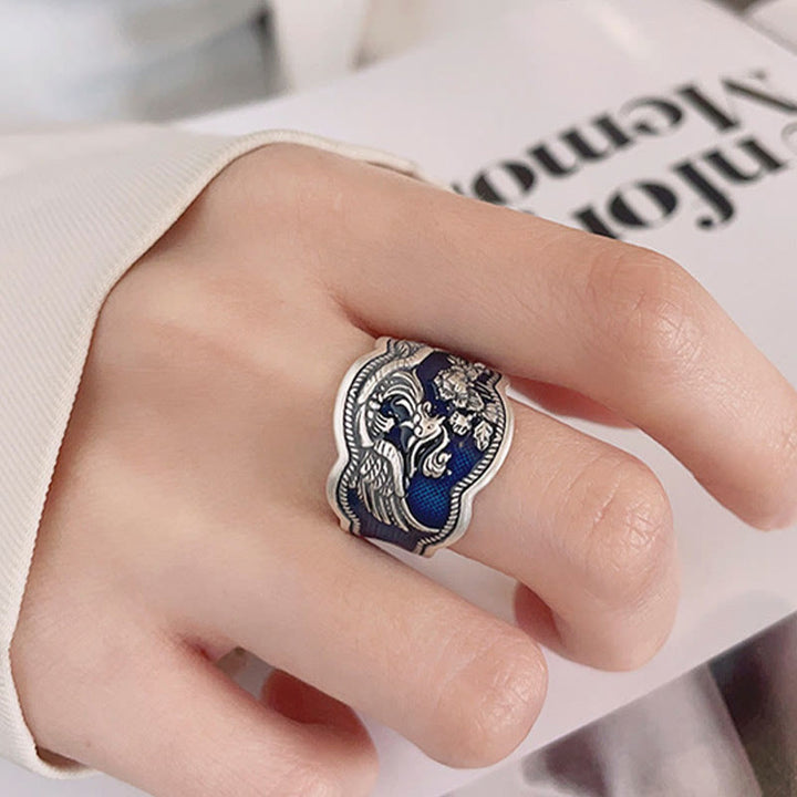 Bague ajustable en argent sterling 925 Buddha Stones et fleurs de pivoine phénix sculptées