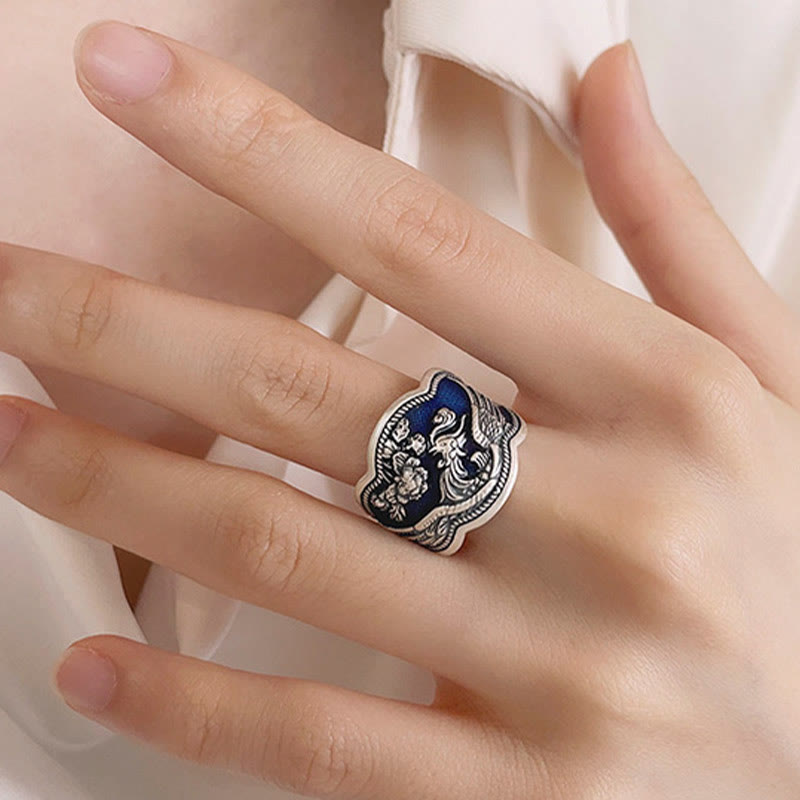Bague ajustable en argent sterling 925 Buddha Stones et fleurs de pivoine phénix sculptées