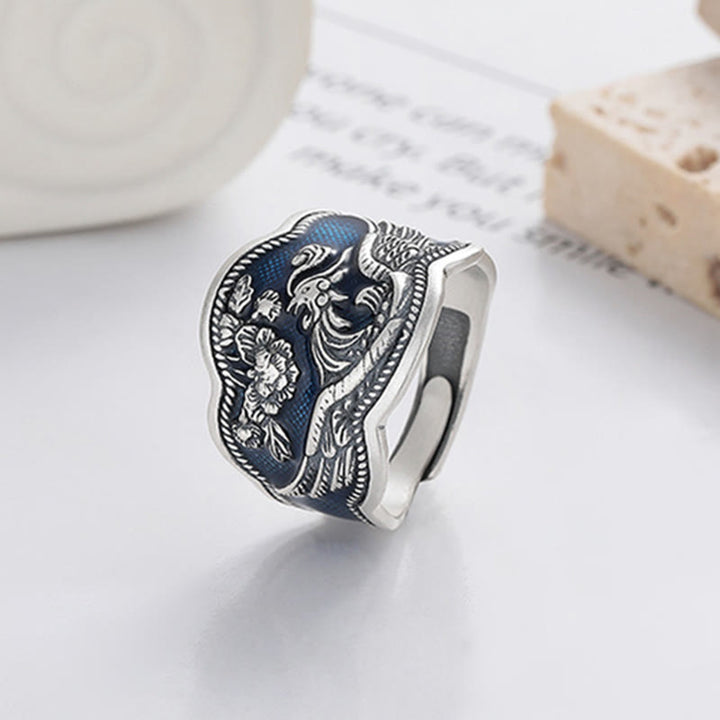 Bague ajustable en argent sterling 925 Buddha Stones et fleurs de pivoine phénix sculptées