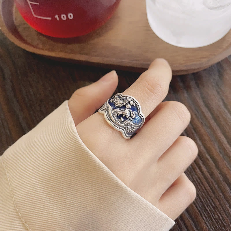 Bague ajustable en argent sterling 925 Buddha Stones et fleurs de pivoine phénix sculptées