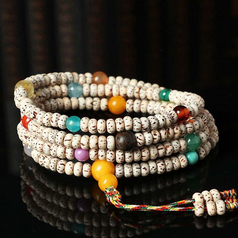 Bracelet tibétain en agate et ambre avec graines de Bodhi et Buddha Stones