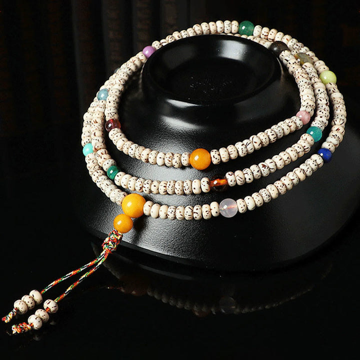 Bracelet tibétain en agate et ambre avec graines de Bodhi et Buddha Stones