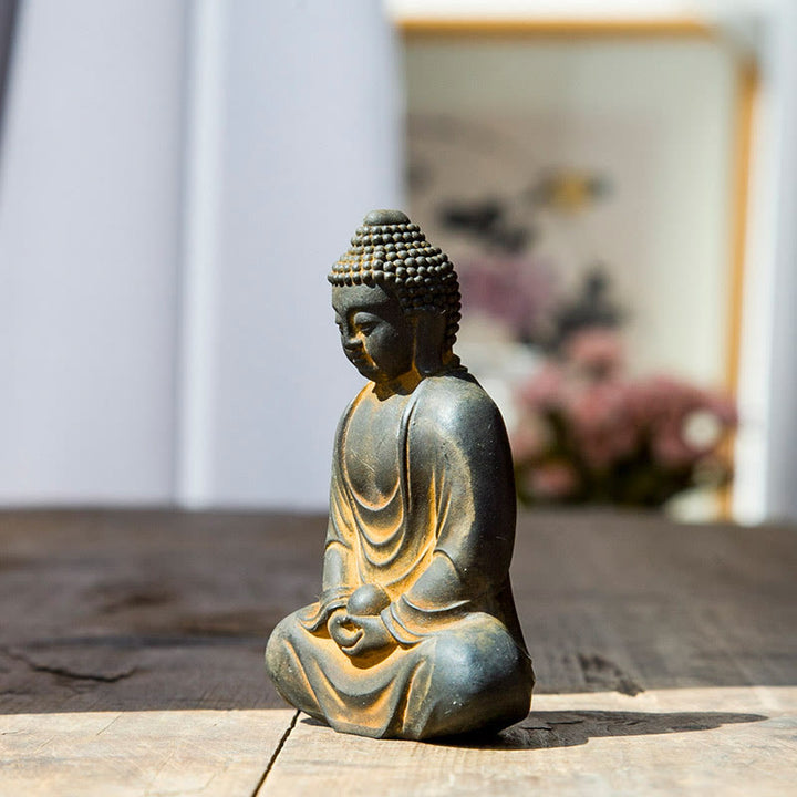 Buddha Stones Bouddha tibétain en méditation Poudre de fer Rouille Statue en résine coulée Décoration de sérénité - image 3