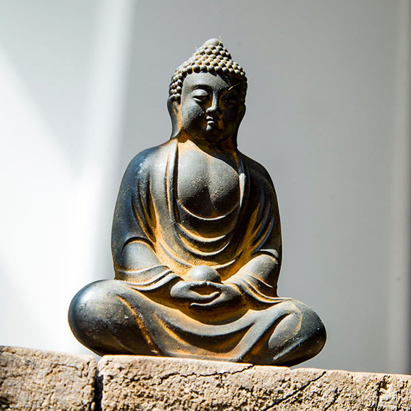 Buddha Stones Bouddha tibétain en méditation Poudre de fer Rouille Statue en résine coulée Décoration de sérénité