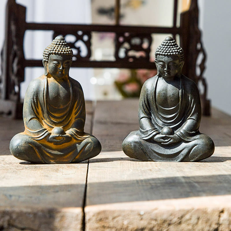 Buddha Stones Bouddha tibétain en méditation Poudre de fer Rouille Statue en résine coulée Décoration de sérénité