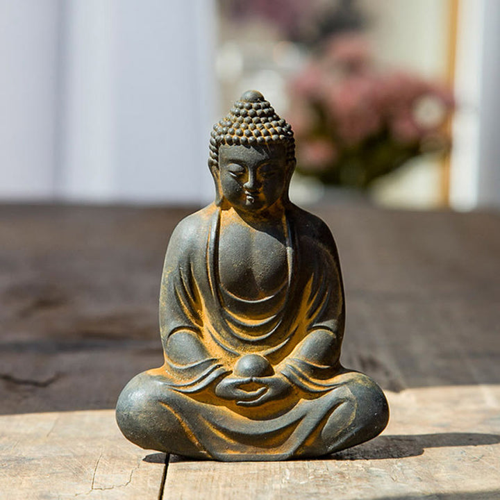 Buddha Stones Bouddha tibétain en méditation Poudre de fer Rouille Statue en résine coulée Décoration de sérénité