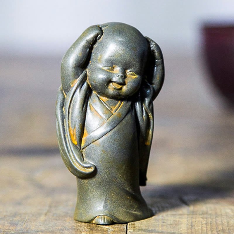 Statue de Buddha Stones, petit moine méditant, poudre de fer, rouille, résine coulée, décoration de bureau - image 18