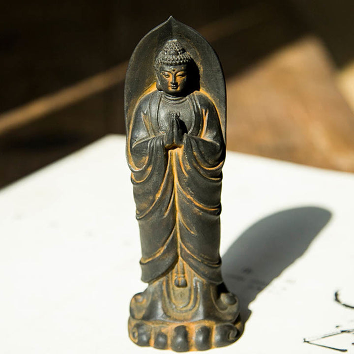 Buddha Stones faites à la main Sakyamuni Bouddha Namaste Poudre de fer Rouille Statue en résine coulée Décoration