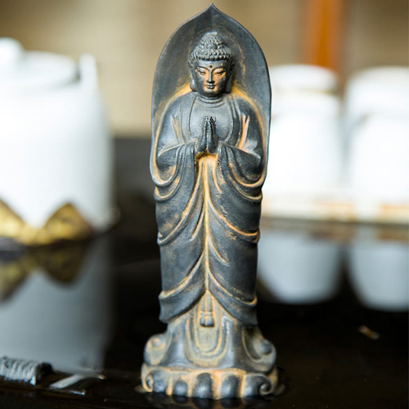 Buddha Stones faites à la main Sakyamuni Bouddha Namaste Poudre de fer Rouille Statue en résine coulée Décoration