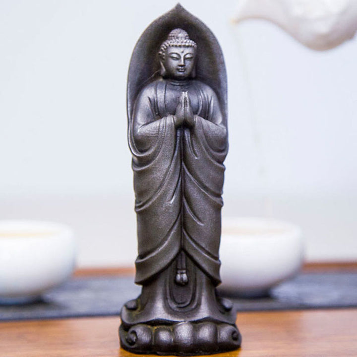 Buddha Stones faites à la main Sakyamuni Bouddha Namaste Poudre de fer Rouille Statue en résine coulée Décoration