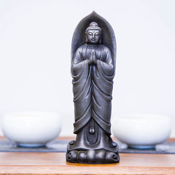 Buddha Stones faites à la main Sakyamuni Bouddha Namaste Poudre de fer Rouille Statue en résine coulée Décoration