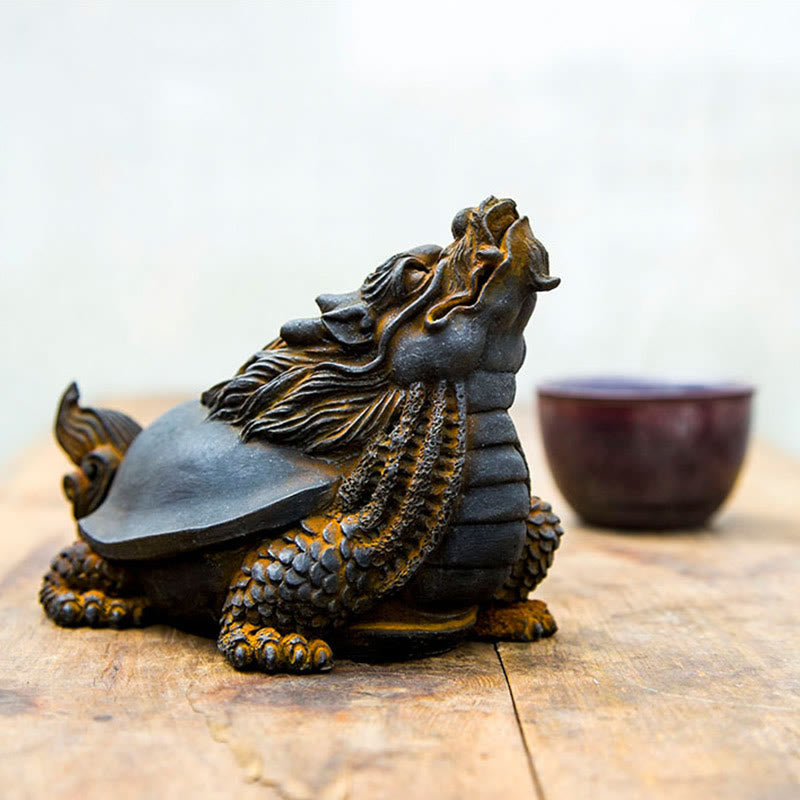 Statue de Buddha Stones en résine moulée à la main en forme de tortue dragon en poudre de fer et de rouille, décoration de la maison