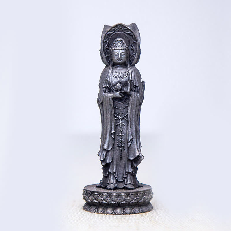 Statue de Buddha Stones en résine coulée à trois côtés Kwan Yin Avalokitesvara en poudre de fer et rouille Décoration de bureau - Version polie 16,5*5,6*5,6 cm - image 13