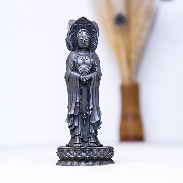 Statue de Buddha Stones en résine coulée à trois côtés Kwan Yin Avalokitesvara en poudre de fer et rouille Décoration de bureau
