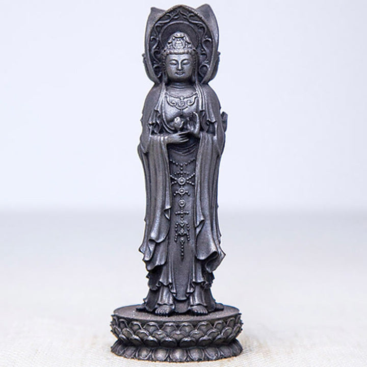 Statue de Buddha Stones en résine coulée à trois côtés Kwan Yin Avalokitesvara en poudre de fer et rouille Décoration de bureau