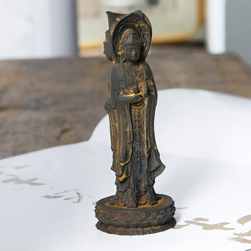Statue de Buddha Stones en résine coulée à trois côtés Kwan Yin Avalokitesvara en poudre de fer et rouille Décoration de bureau - image 7