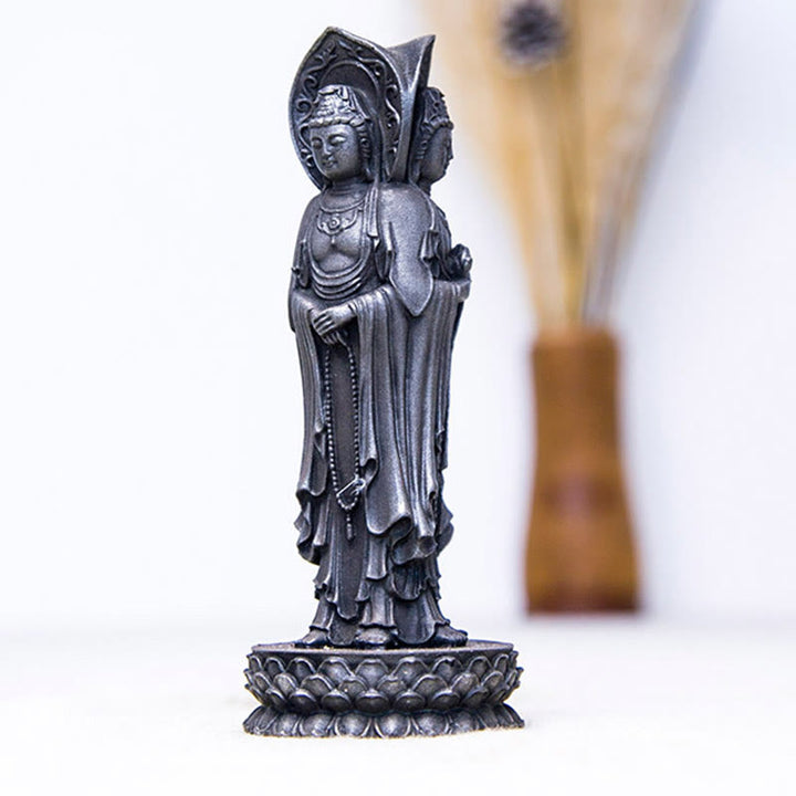 Statue de Buddha Stones en résine coulée à trois côtés Kwan Yin Avalokitesvara en poudre de fer et rouille Décoration de bureau