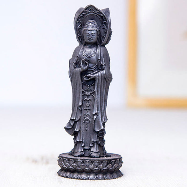 Statue de Buddha Stones en résine coulée à trois côtés Kwan Yin Avalokitesvara en poudre de fer et rouille Décoration de bureau