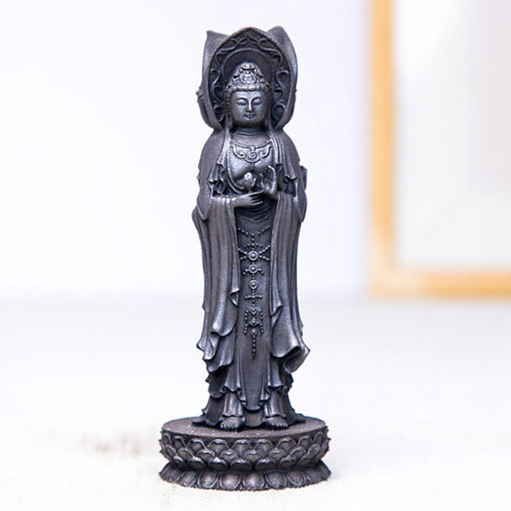 Statue de Buddha Stones en résine coulée à trois côtés Kwan Yin Avalokitesvara en poudre de fer et rouille Décoration de bureau