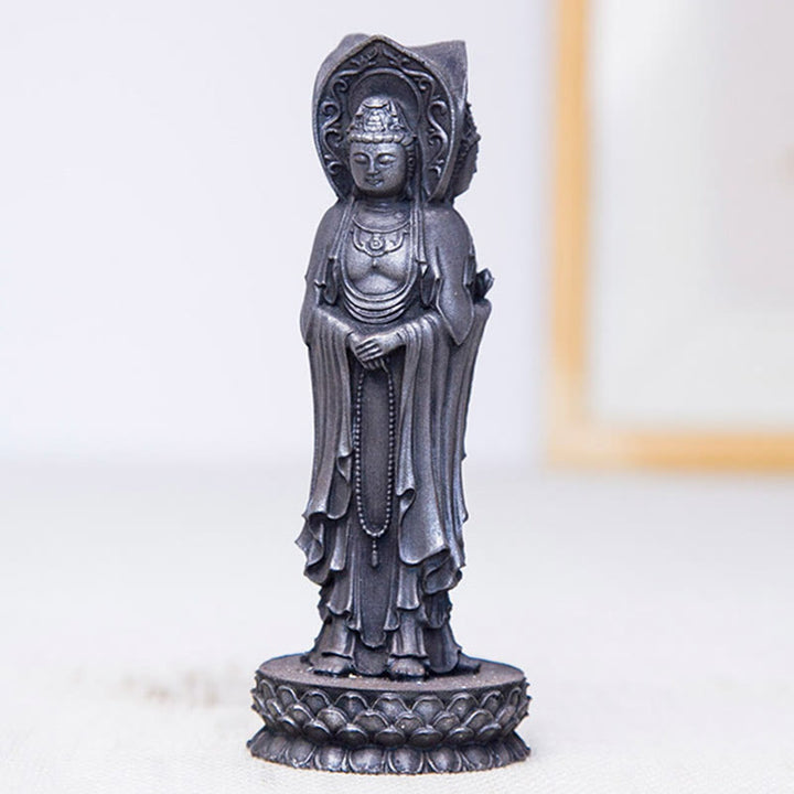 Statue de Buddha Stones en résine coulée à trois côtés Kwan Yin Avalokitesvara en poudre de fer et rouille Décoration de bureau