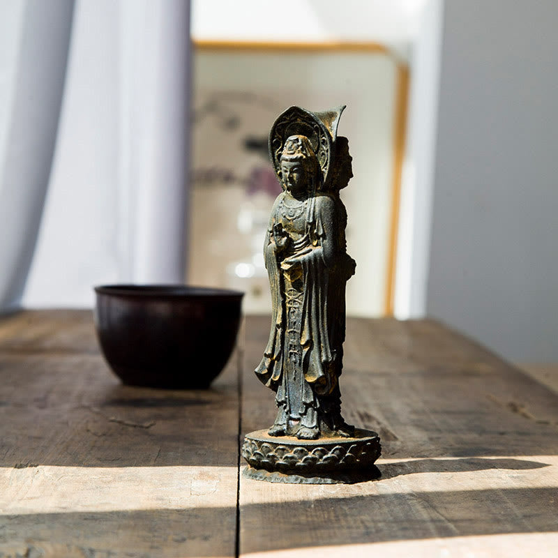 Statue de Buddha Stones en résine coulée à trois côtés Kwan Yin Avalokitesvara en poudre de fer et rouille Décoration de bureau - Version rouille 16,5*6 cm - image 0
