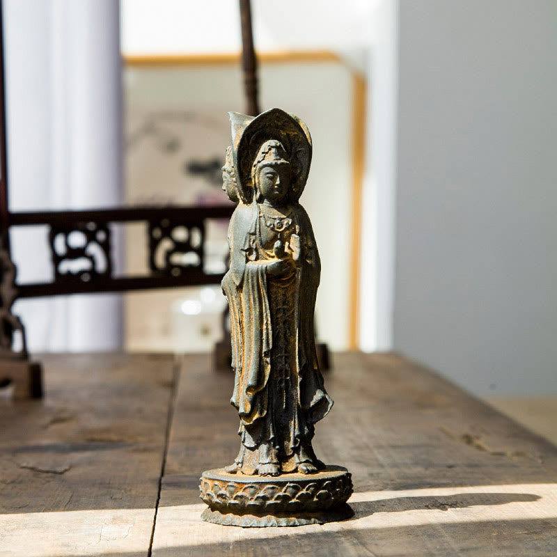 Statue de Buddha Stones en résine coulée à trois côtés Kwan Yin Avalokitesvara en poudre de fer et rouille Décoration de bureau - image 2