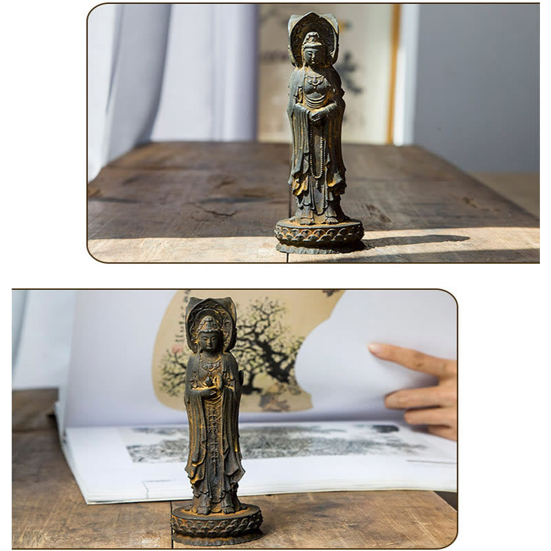 Statue de Buddha Stones en résine coulée à trois côtés Kwan Yin Avalokitesvara en poudre de fer et rouille Décoration de bureau