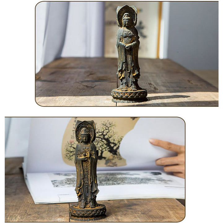 Statue de Buddha Stones en résine coulée à trois côtés Kwan Yin Avalokitesvara en poudre de fer et rouille Décoration de bureau