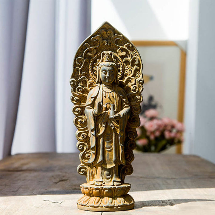 Statue de Buddha Stones en pierre faite à la main Amitabha Guanyin Avalokitesvara Mahasthamaprapta en poudre de fer et résine coulée rouillée - Vase de Bouddha - Version rouille 18*7cm - image 14