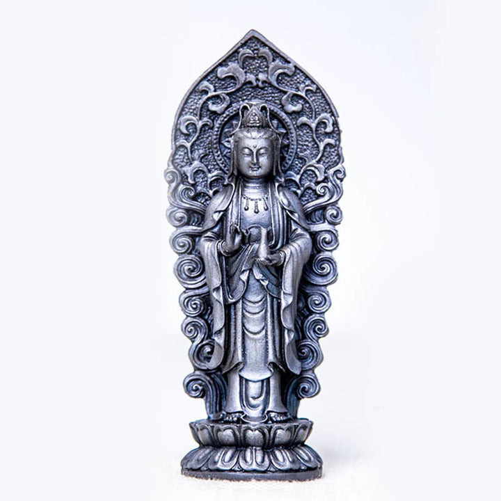 Statue de Buddha Stones en pierre faite à la main Amitabha Guanyin Avalokitesvara Mahasthamaprapta en poudre de fer et résine coulée rouillée - Vase de Bouddha - Version polie 18*7*4,7 cm - image 30